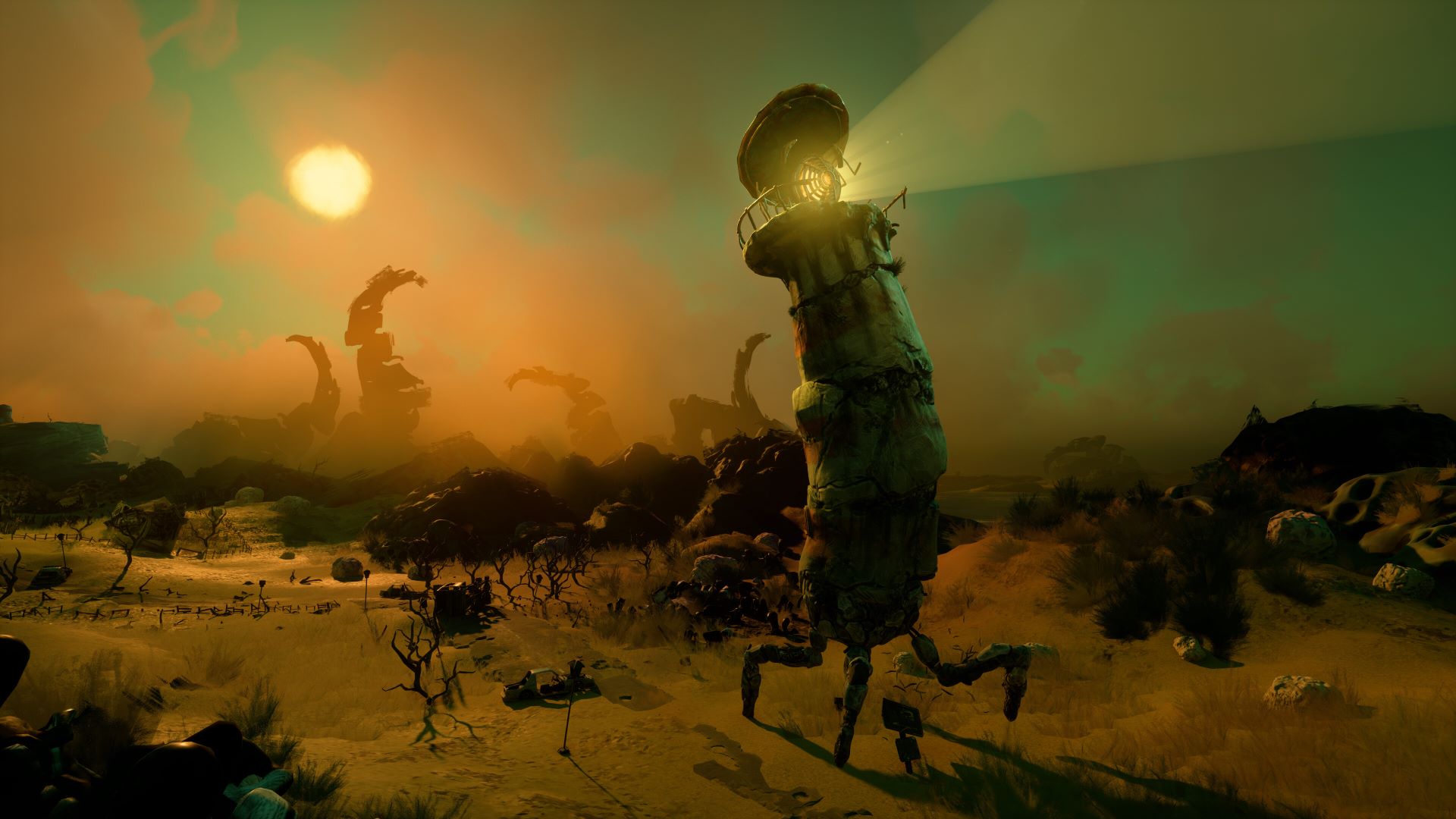 A walking lighthouse runs across a barren environment while the sunsets in a screenshot from Keeper.