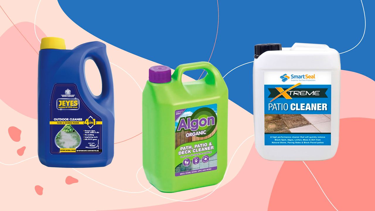 The three best patio cleaners as rated by the Ideal Home team - three multicoloured bottles of patio cleaner on a pink and blue background