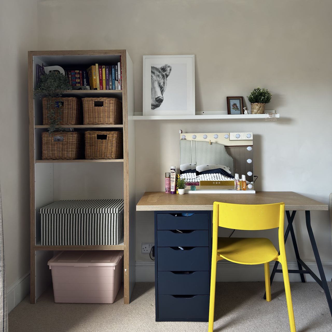 bedroom desk and lime washed walls