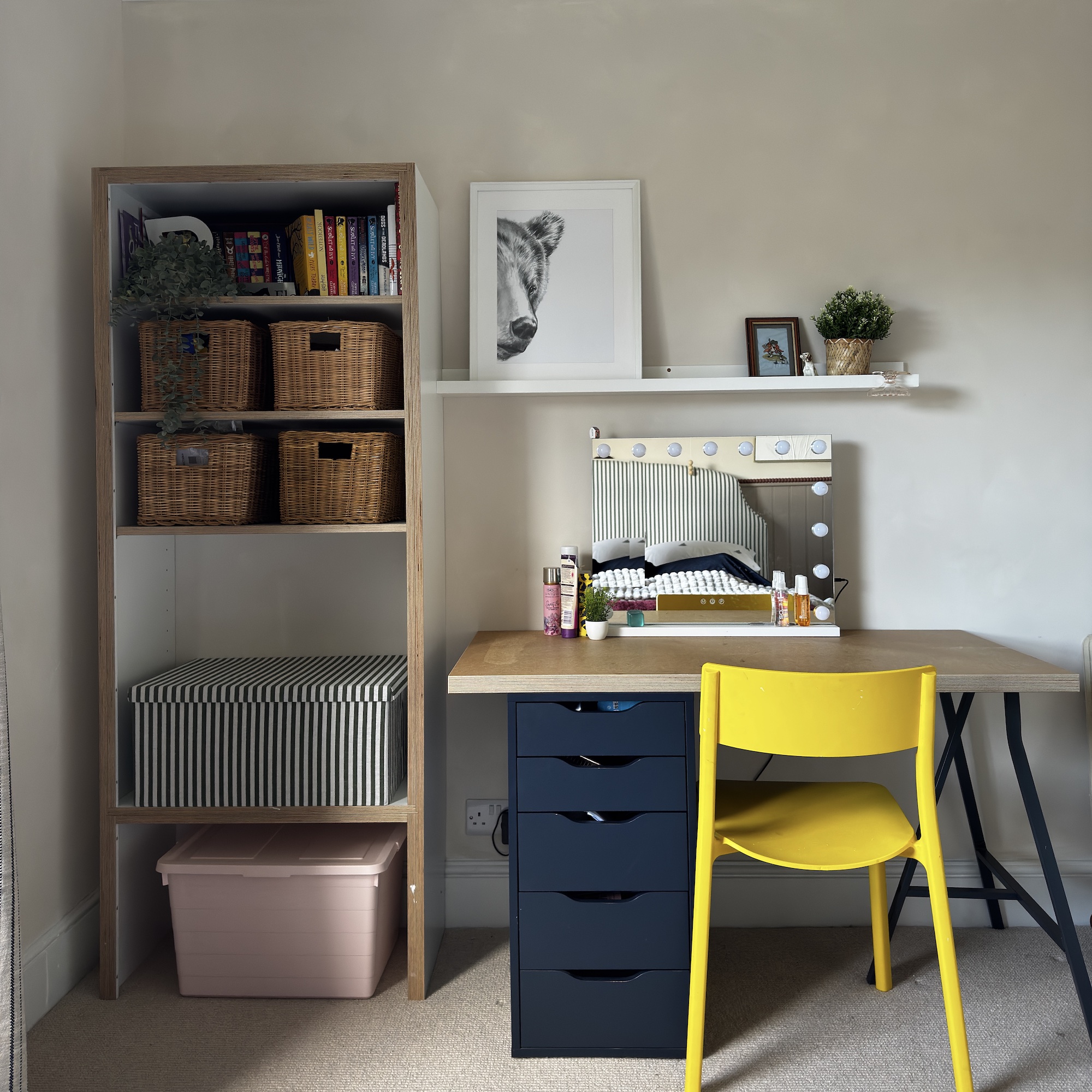 bedroom desk and lime washed walls 