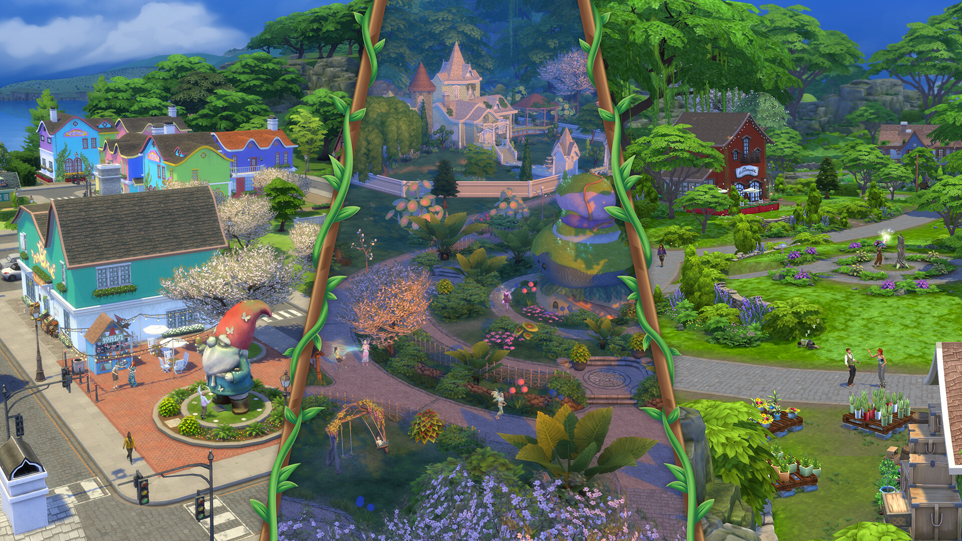 Previews of three neighborhoods from The Sims 4 Enchanted by Nature expansion pack.
