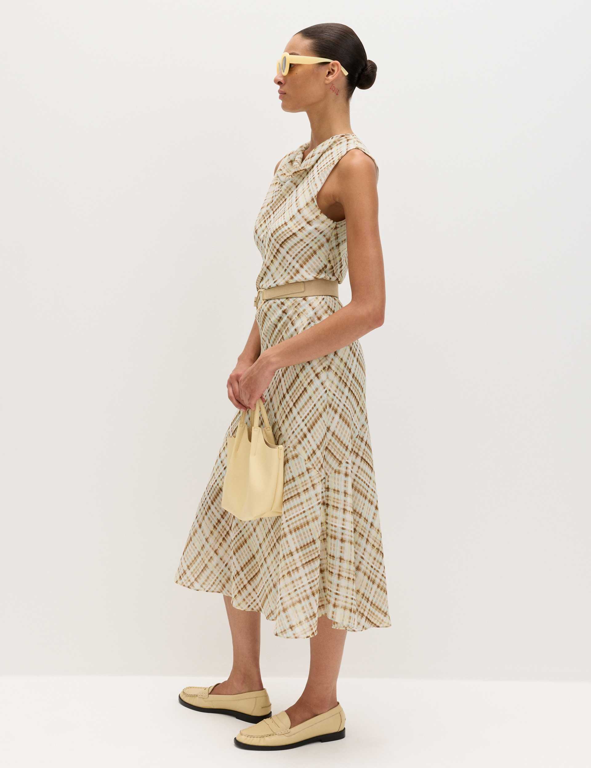Checked Cowl Neck Midi Slip Dress