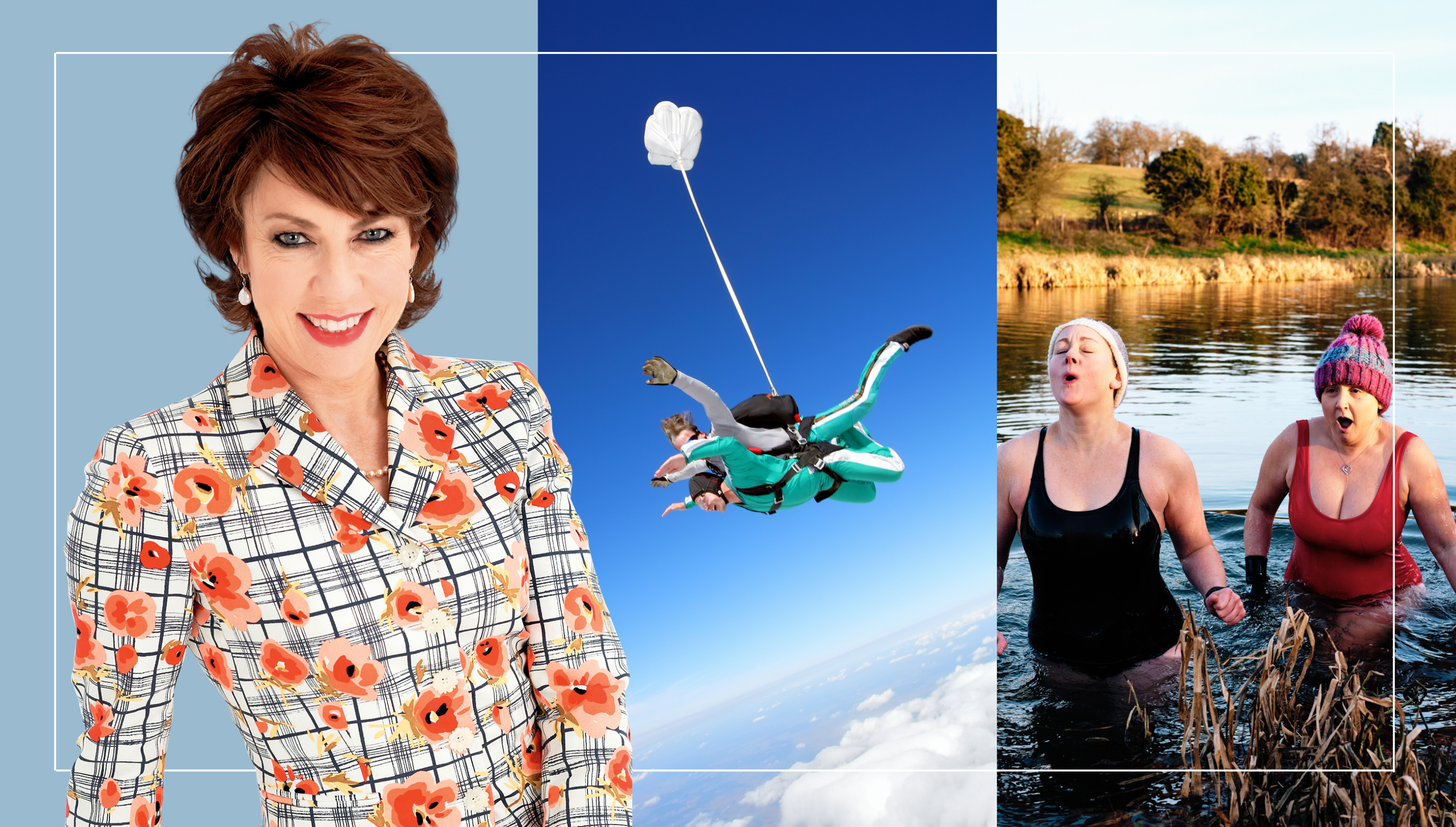 A composite image shows a headshot of Kathy Lette, two people skydiving, and two women cold-water swimming, with shocked expressions