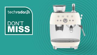 Smeg coffee machine on teal background with white text reading 'TechRadar don't miss'