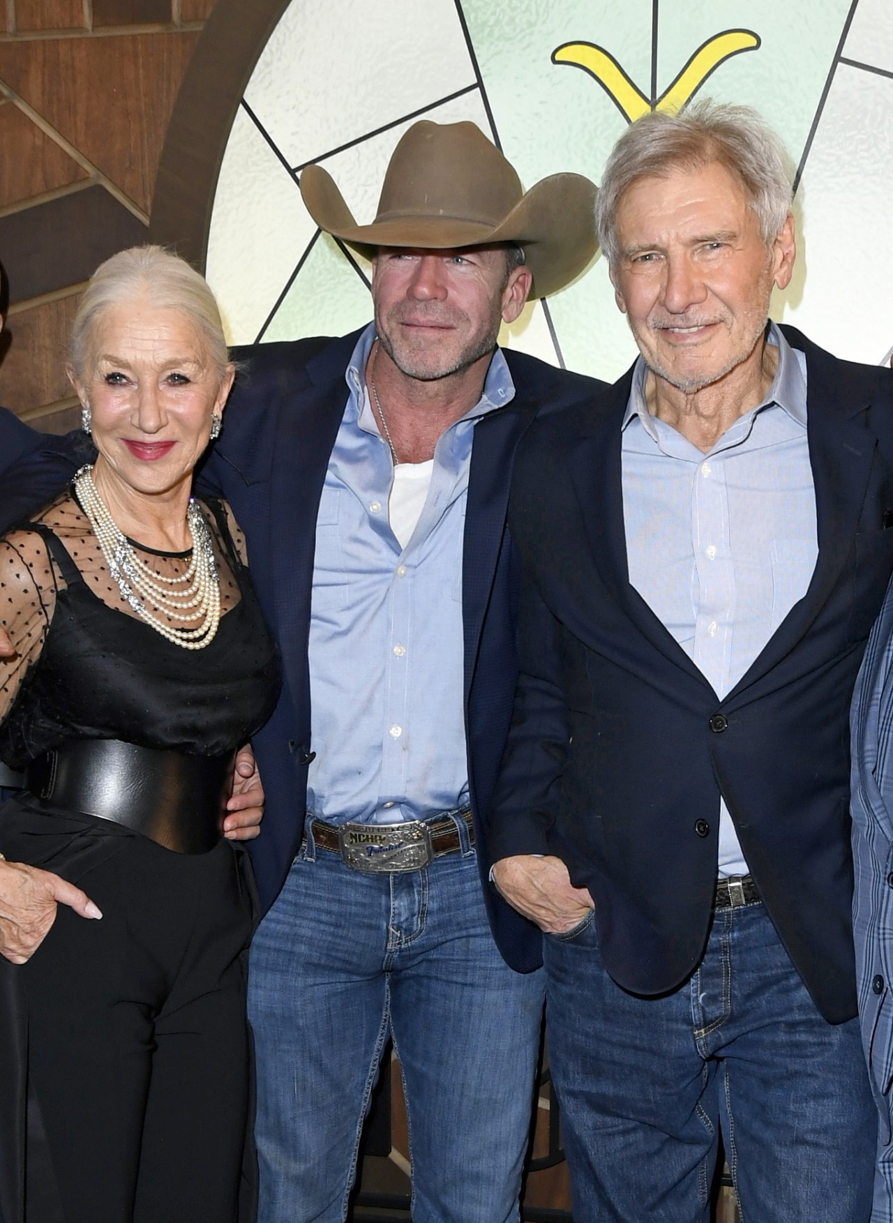 Helen Mirren, Taylor Sheridan and Harrison Ford at the 1923 Las Vegas red carpet.