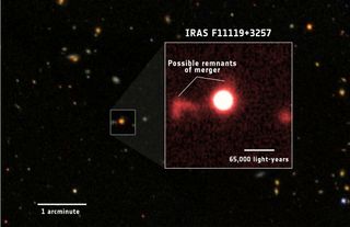 The galaxy IRAS F11119+3257 displays faint features that may be tidal debris, a sign that this object is undergoing a galactic merger. The background comes from the Sloan Digital Sky Survey, while the inset red-filter image was created using the University of Hawaii's 2.2 m-diameter telescope.