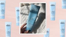 Image of a hand holding Isle of Paradise Daily Self-Tan Lotion on a light pink background, with cut-outs of the Isle of Paradise Gradual Tan