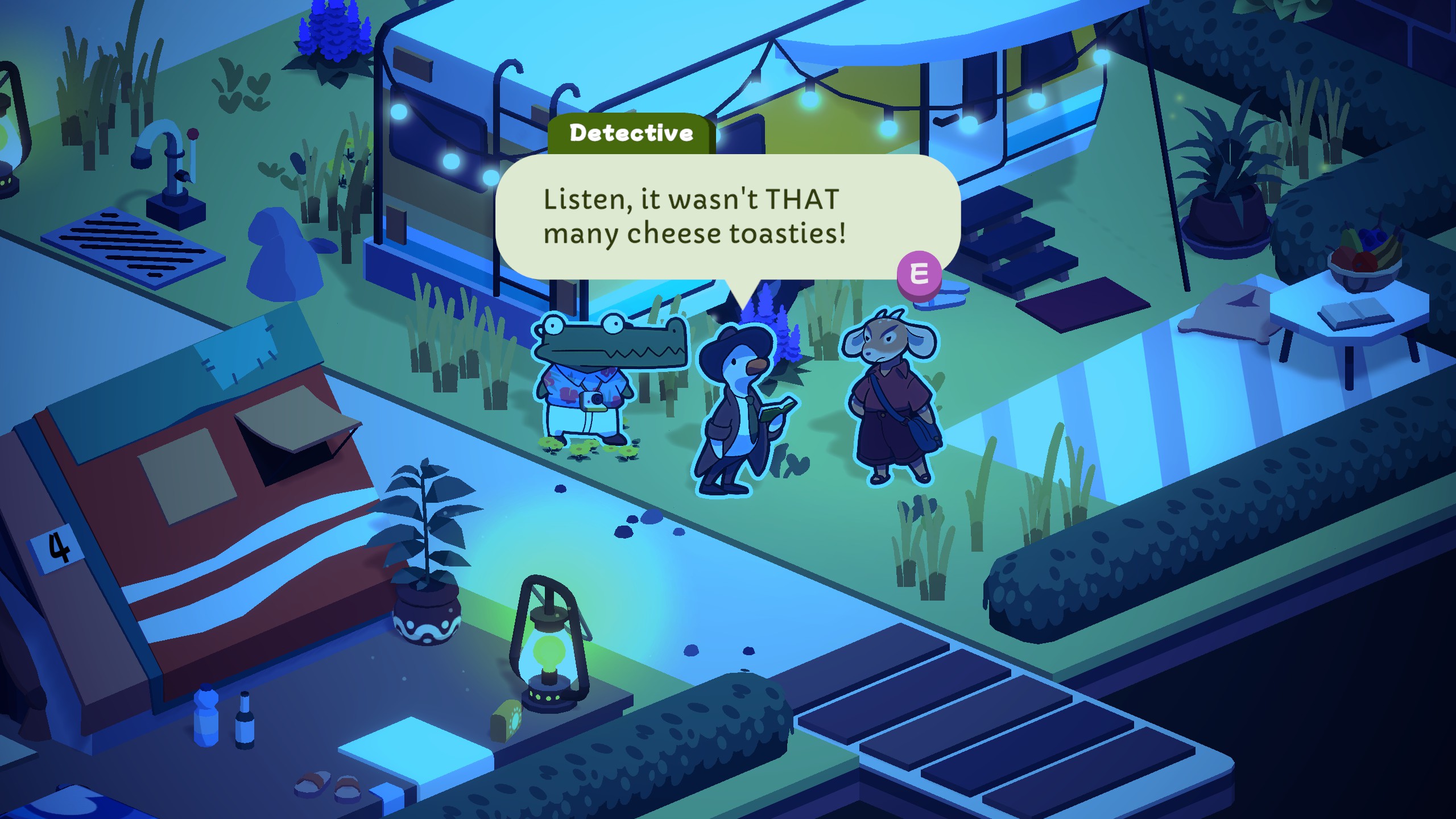 "Listen, it wasn't THAT many cheese toasties!" exclaims Eugene to Katja in Duck Detective: The Ghost of Glamping