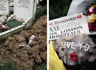An early part involved photographing comical assemblages in a graveyard, including joke-shop skeletons, flowers and bushy blond wigs