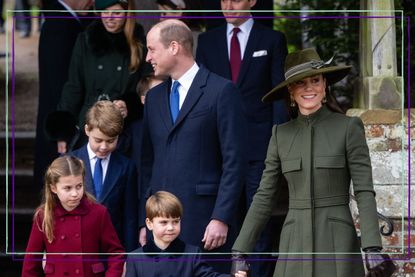Prince William and Kate Middleton leaving church at Sandringham with their children Prince GeORGE, princess Charlotte and Prince Louis