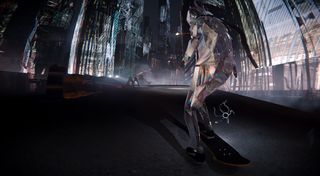 A crystal skateboarder cruises down a city street at night