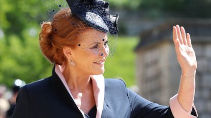 Sarah, Duchess of York arrives at St George's Chapel at Windsor Castle before the wedding of Prince Harry to Meghan Markle on May 19, 2018 in Windsor, England.