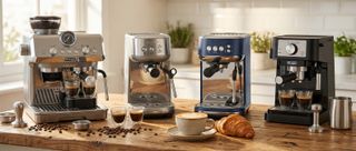 a composite image of the delonghi la specialista arte evo, breville bambino, breville bambino plus, and delonghi stilosa in a sunlit kitchen with coffee beans and a latte and croissant 
