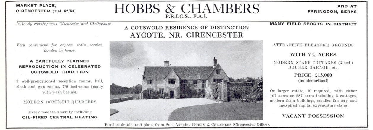 Aycote House in July 1958 at a price of &amp;pound;13,000