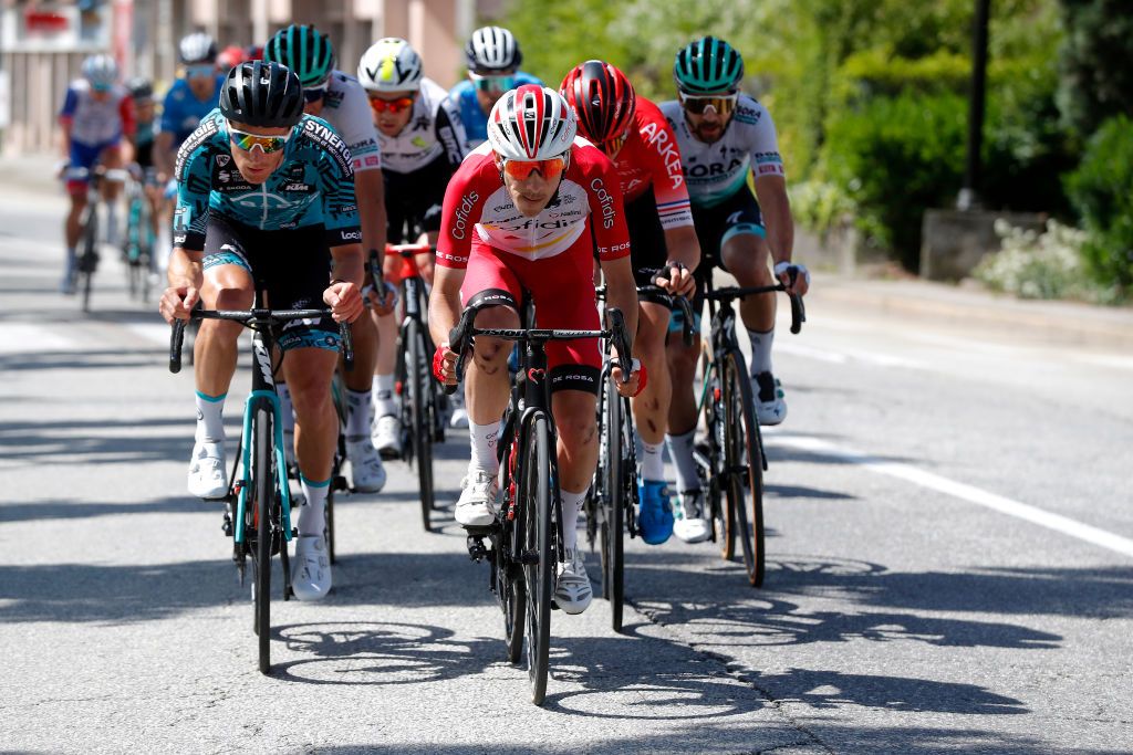 LES GETS FRANCE JUNE 06 Sebastian Schnberger of Austria and Team BB Hotels PB KTM Guillaume Martin of France and Team Cofidis in the Breakaway during the 73rd Critrium du Dauphin 2021 Stage 8 a 147km stage from La LchreLesBains to Les Gets 1160m UCIworldtour Dauphin dauphine on June 06 2021 in Les Gets France Photo by Bas CzerwinskiGetty Images