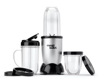 Magic Bullet Blender with accessories on a blank background
