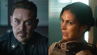 From left to right: Manny looking serious and forward on Fire Country and Mickey looking stressed in Sheriff Country.