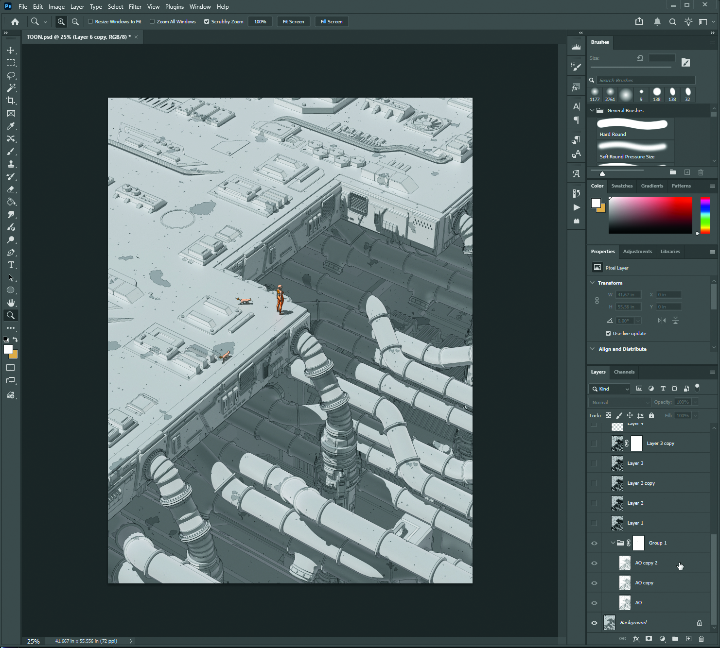 A dystopian scene being painted in Photoshop