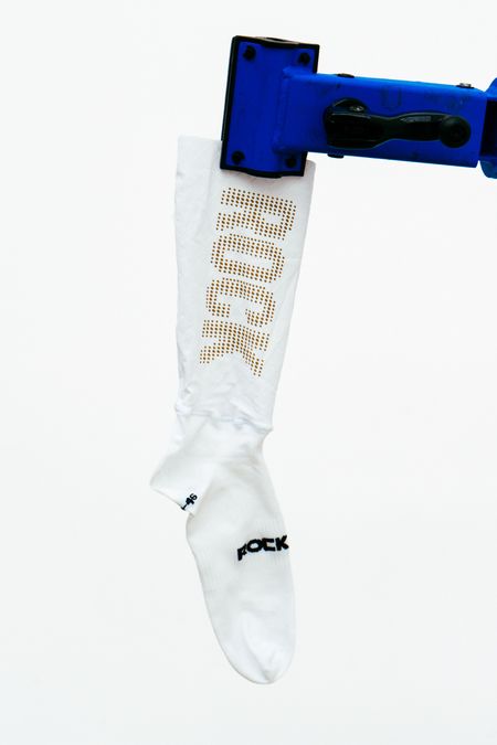 A close up shot of some socks being tested in the wind tunnel
