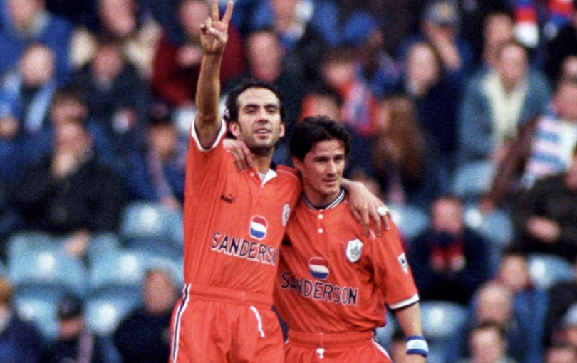 28/04/98 IAN DURRANT TESTIMONIAL.RANGERS v SHEFFIELD WEDNESDAY (2-2).IBROX - GLASGOW.Paolo Di Canio (left) celebrates with Sheffield Wednesday team-mate Benito Carbone. (Photo by SNS Group via Getty Images)