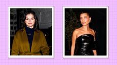 Selena Gomez and Hailey Bieber in a purple, two-picture template: Selena wears a brown coat and navy turtleneck and Hailey wears a black, leather mini dress