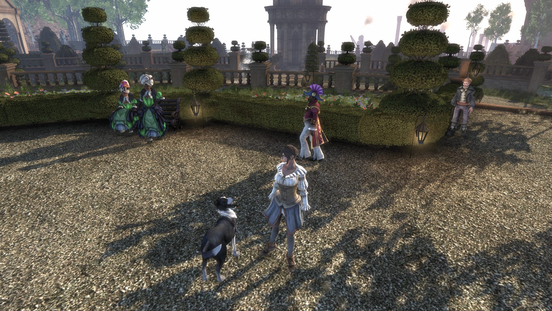 Fable 3 screenshot of hero in Princess outfit standing in royal gardens with dog.