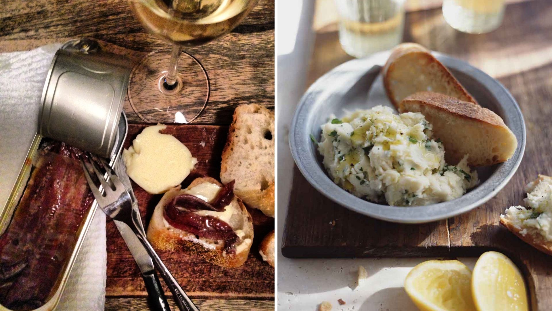 Tin of anchovies with crusty bread and wine and a brandade salt cod dish in a bowl with bread and lemon wedges
