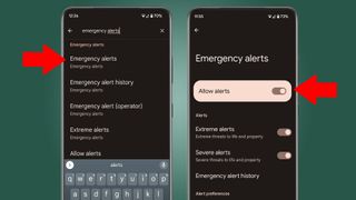 Two Android phones showing how to disable the UK emergency alert tesrt
