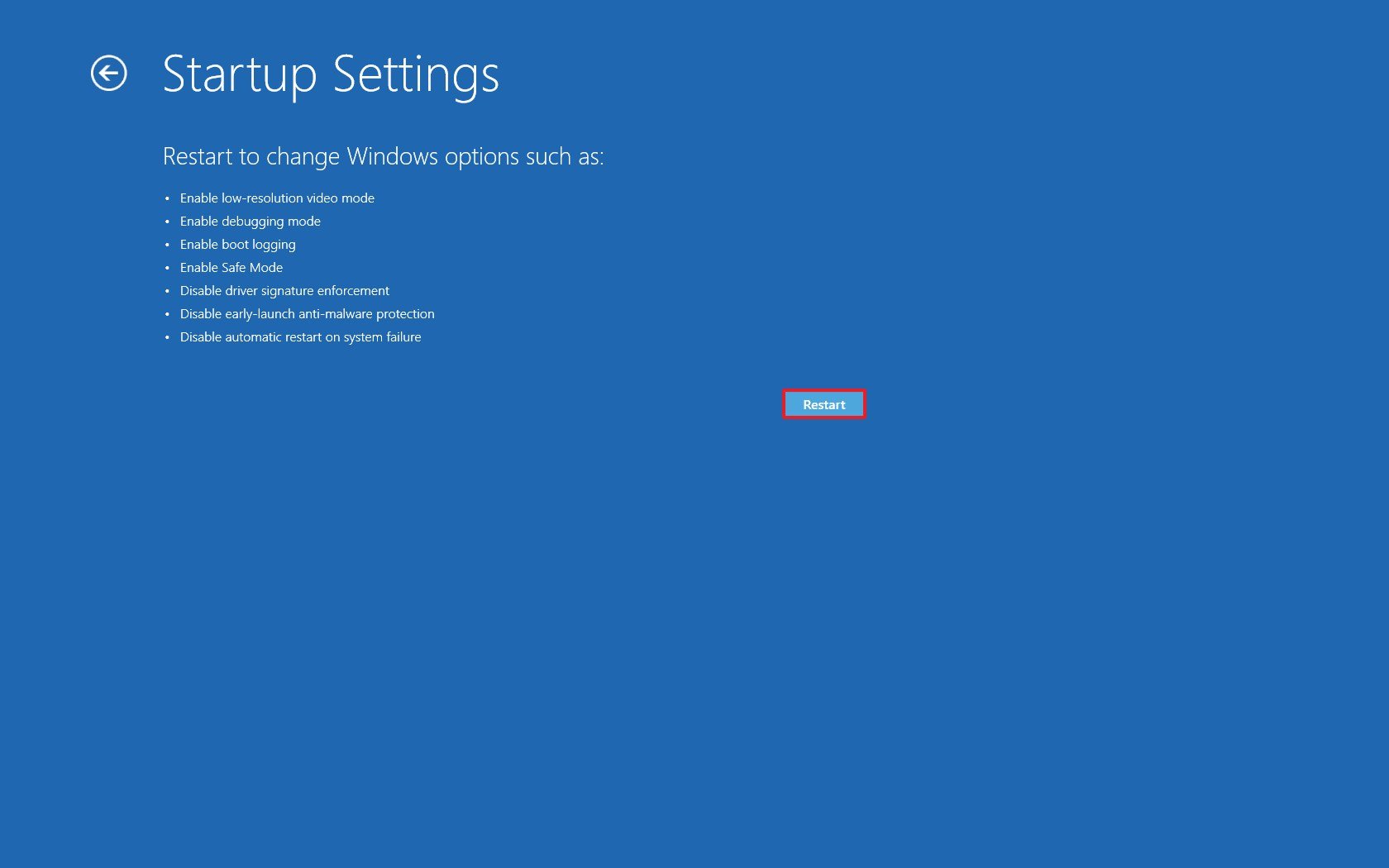 Startup Settings Restart option