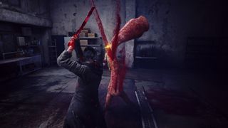 A man slicing a Slitterhead enemy with a blood sword in Slitterhead.