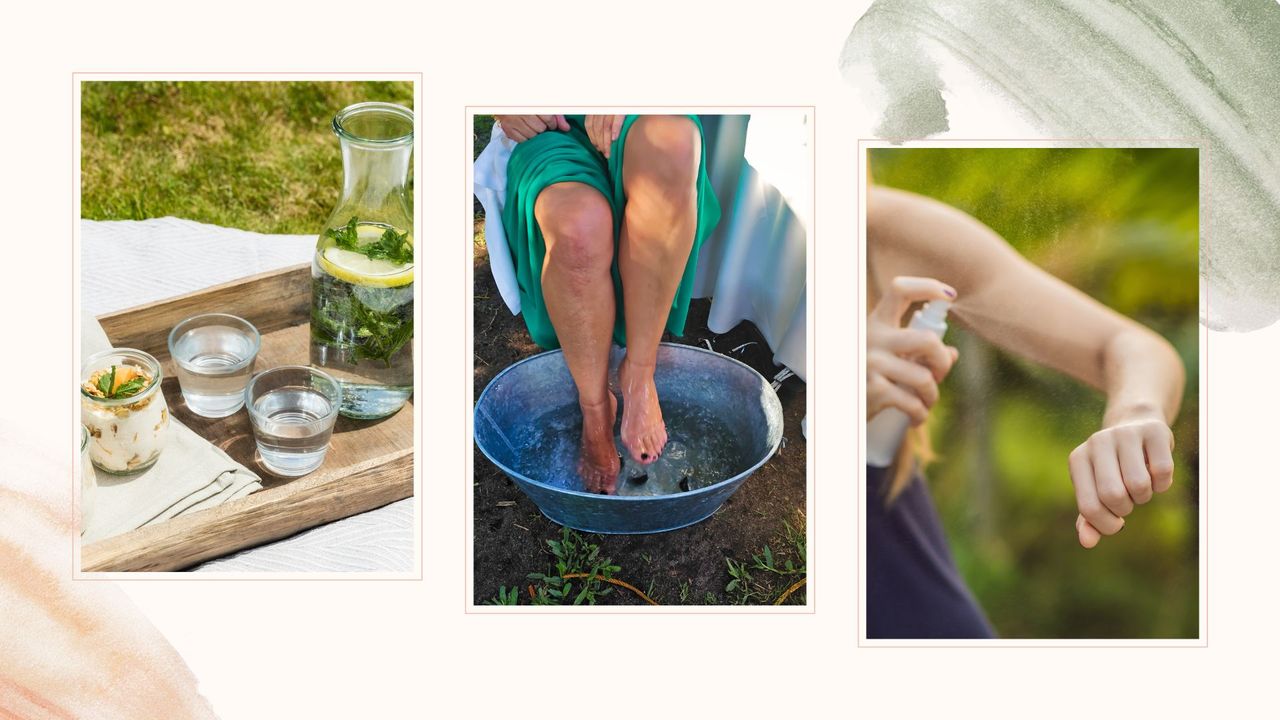 Compilation image of three easy ways how to keep cool in summer heat showing feet in a bowl of water, a jug of water to stay hydrated and spritzing the skin with rose water