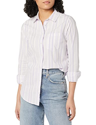 Amazon Essentials Women's Regular-Fit Long-Sleeve Button-Down Poplin Shirt, Lilac White Variegated Stripe, Large