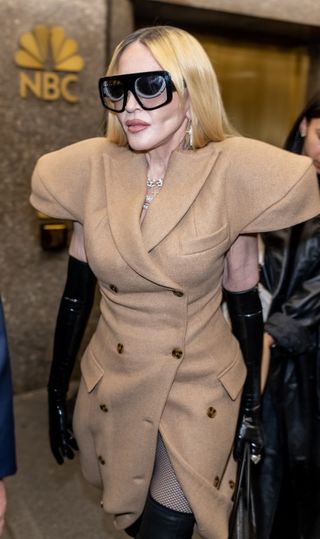 Madonna is seen leaving Luar Fashion show during New York Fashion Week at Rockefeller Plaza on September 10, 2024 in New York City.