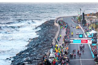 An aerial view of the finish by the sea