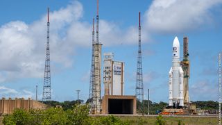 Europe's Ariane 5 rocket being rolled out for the launch of the Jupiter exploration mission JUICE.
