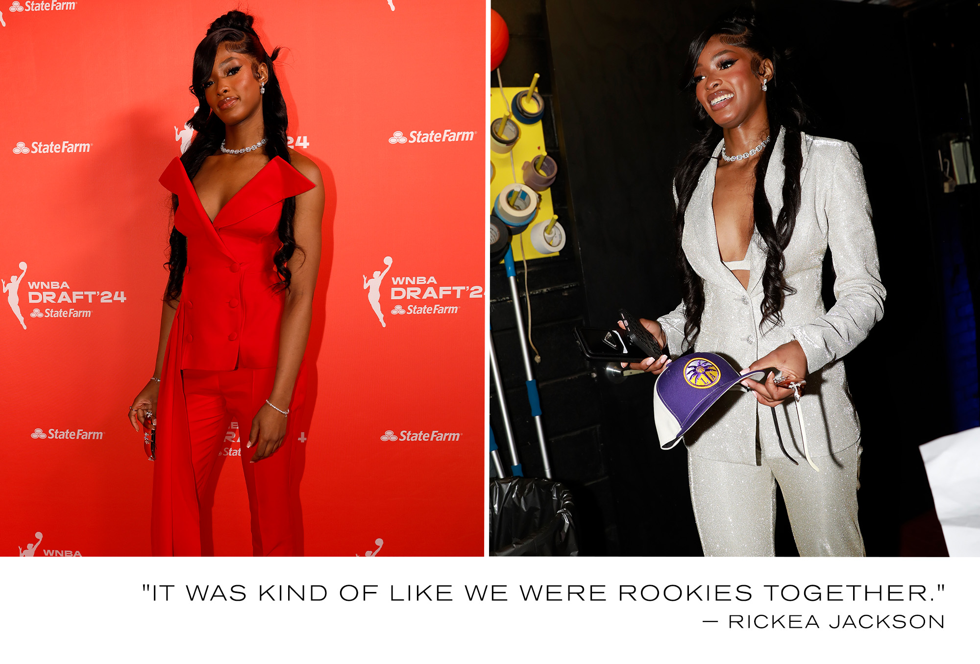 Rickea Jackson in her two looks from the 2024 WNBA Draft with a quote below that reads: "It was kind of like we were rookies together."