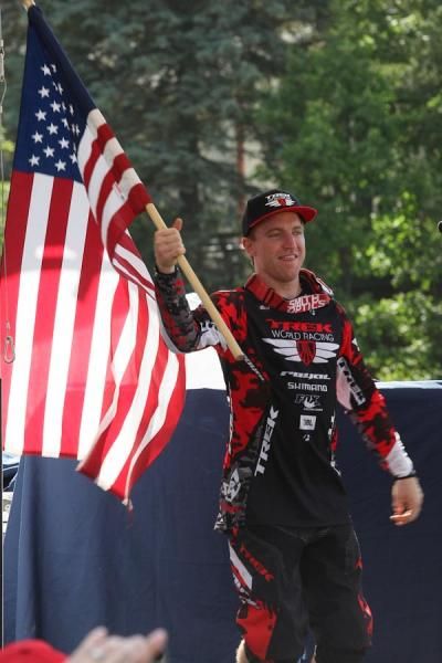 Aaron Gwin (Trek World Racing) comes out a second time to accept the World Cup Points Leader Jersey.
