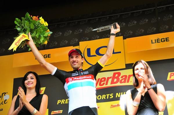 Prologue victor Fabian Cancellara on the podium in Liege, Belgium.