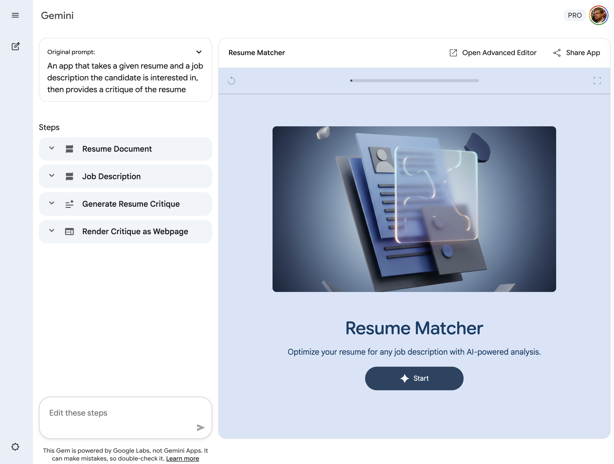 Screenshots from Gemini's mini app builder.