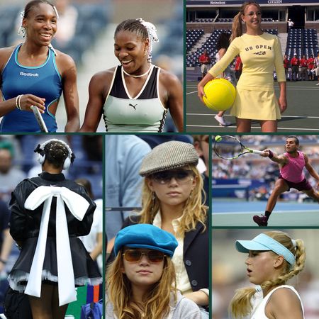 A collage featuring sports and fashion photos from the US Open over the course of its history.