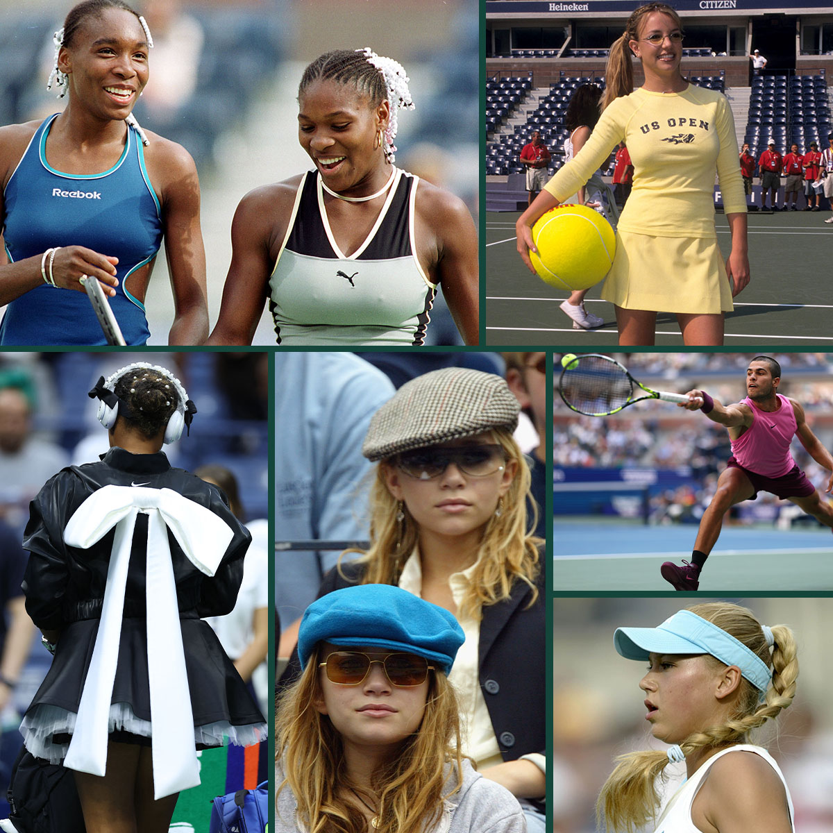 A collage featuring sports and fashion photos from the US Open over the course of its history.
