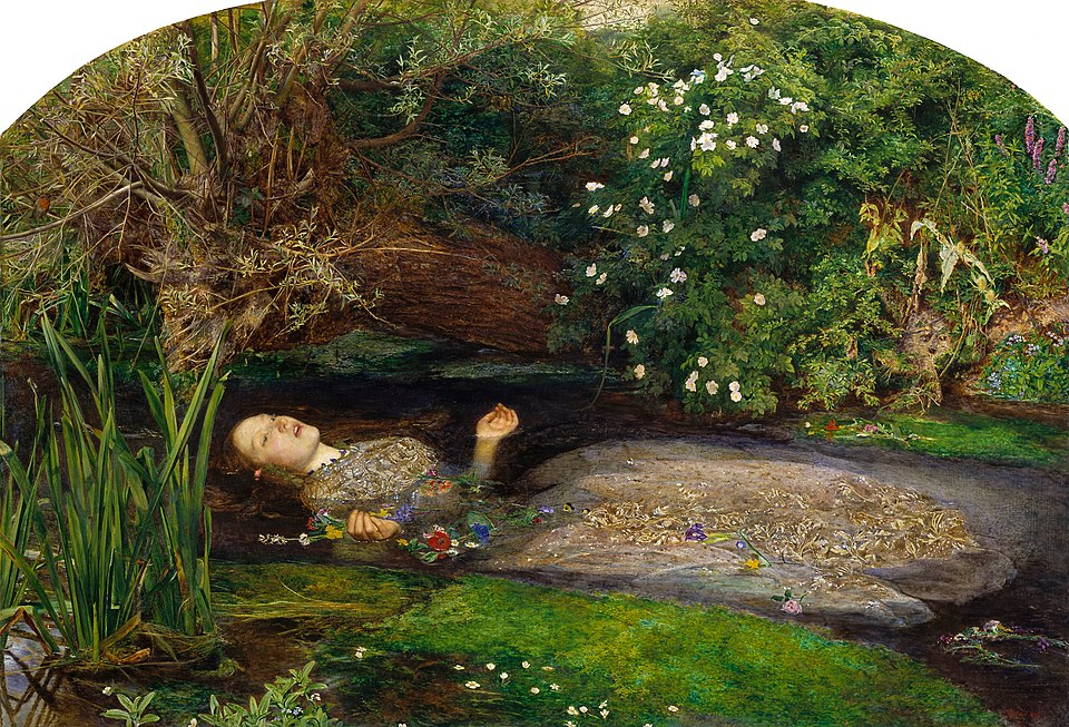 A painting depicts Ophelia from Shakespeare&#039;s play Hamlet, singing before she drowns in a stream. The scene captures her floating on the surface of the water, her mouth slightly open, suggesting her final song.