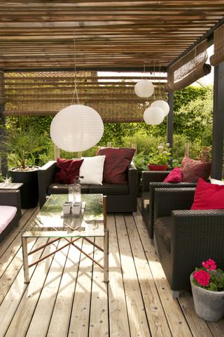 Patio with a pergola and modern outdoor furniture
