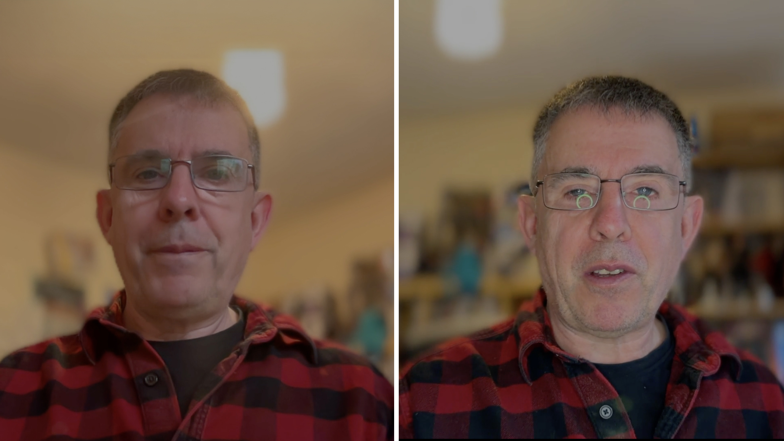 A side-by-side comparison between a face captured via the MacBook camera and far superior LED-illuminated footage from an iPhone 17 mounted inside the light ring.
