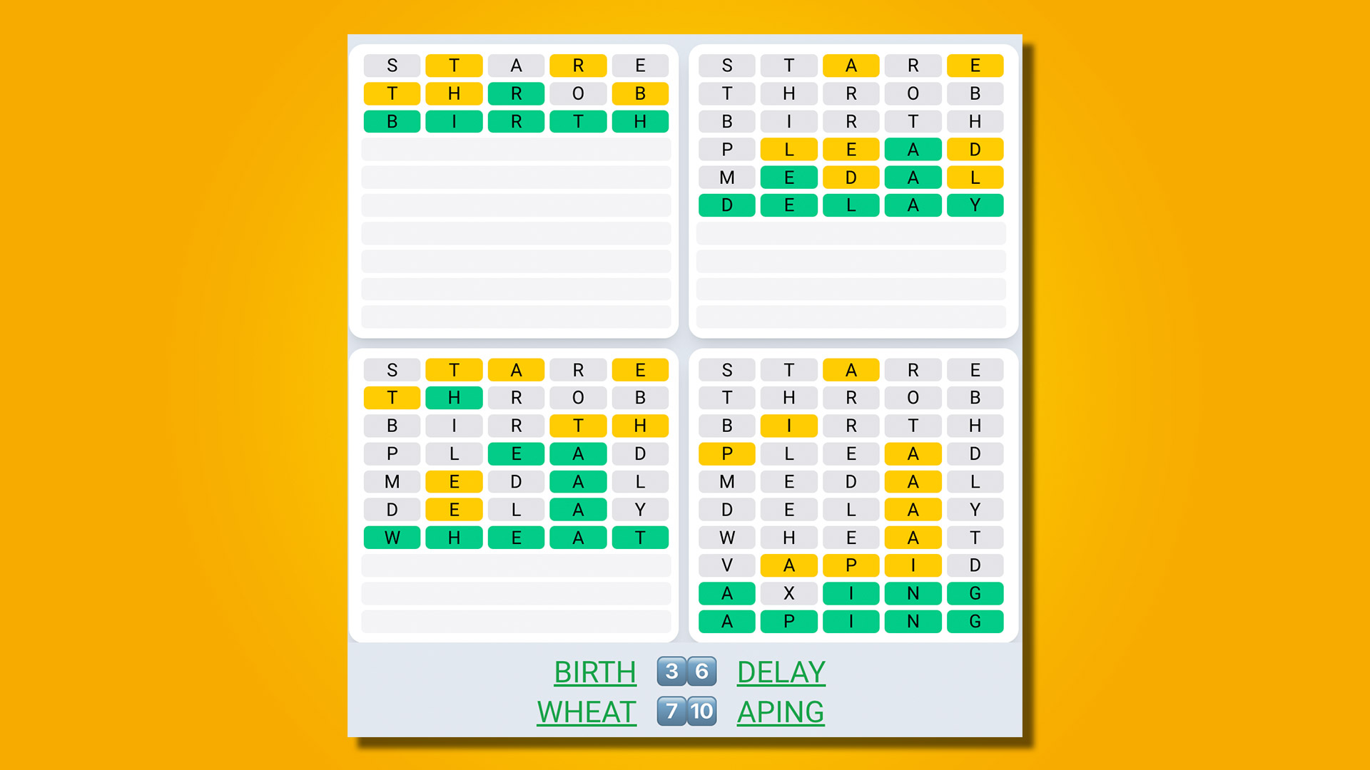 Quordle Daily Sequence 459 answers on a yellow background