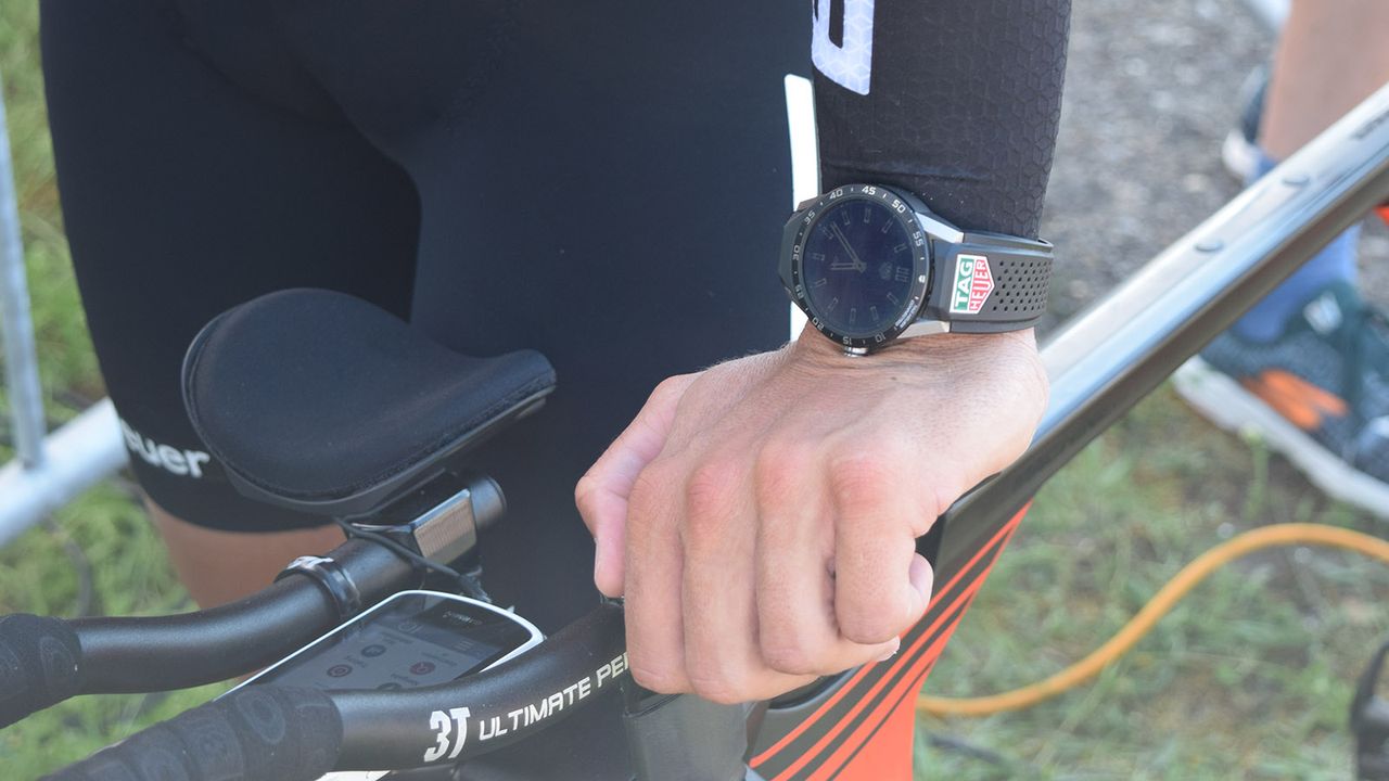 Greg Van Avermaet and his BMC Racing teammates wear watches from their sponsor TAG Heuer for podium presentations
