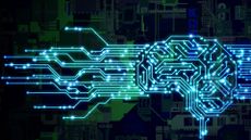 AI (Artificial Intelligence) concept. Human brain and circuit board.