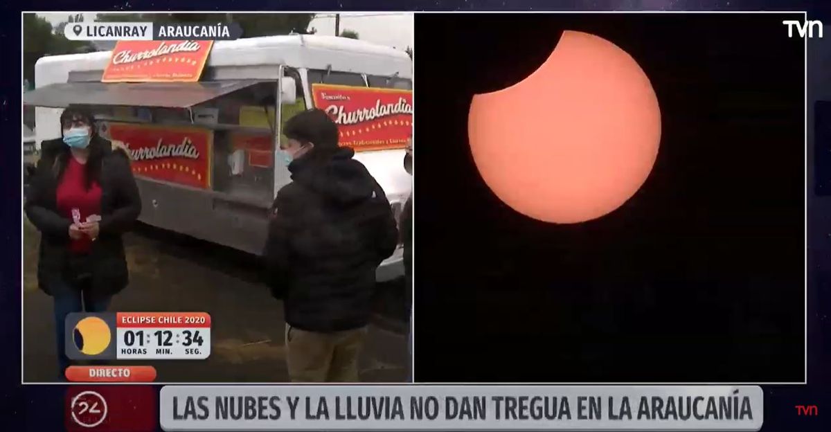 Public broadcaster TVN Chile interviewed locals in Licanray, Chile who had gathered to view the total solar eclipse of Dec. 14, 2020. This churro cart, ''Churrolandia,'' was feeding tourists. It has been operating in Licanray for 30 years, according to the broadcast.