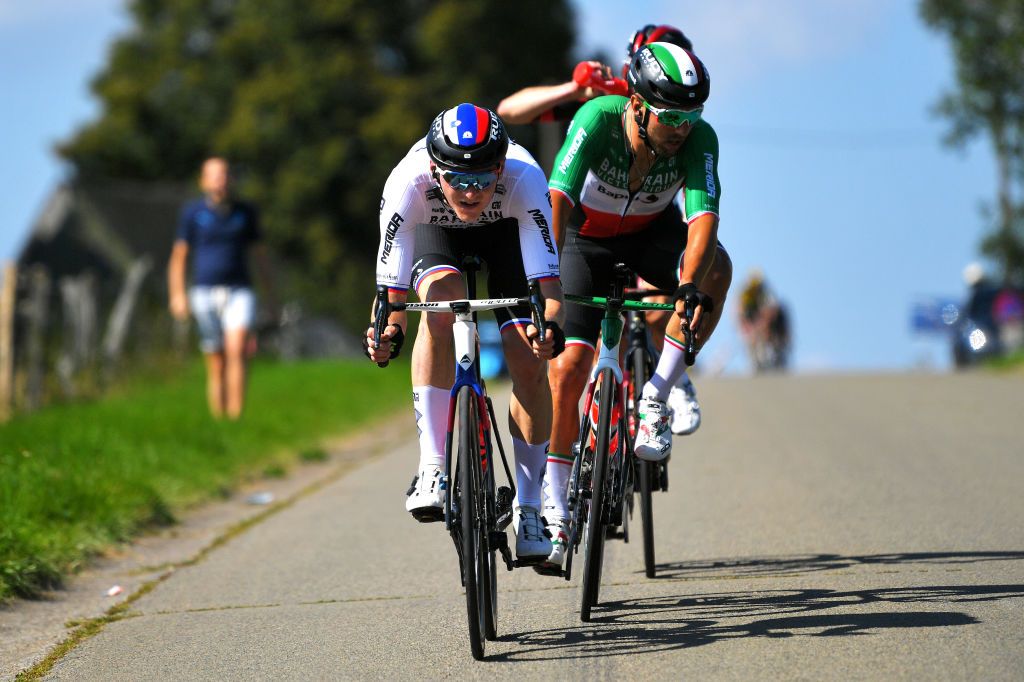 HOUFFALIZE BELGIUM SEPTEMBER 04 LR Matej Mohoric of Slovenia and Team Bahrain Victorious and Sonny Colbrelli of Italy and Team Bahrain Victorious compete in the breakaway during the 17th Benelux Tour 2021 Stage 6 a 2076km stage from OttigniesLouvainlaNeuve to Houffalize BeneluxTour on September 04 2021 in Houffalize Belgium Photo by Luc ClaessenGetty Images