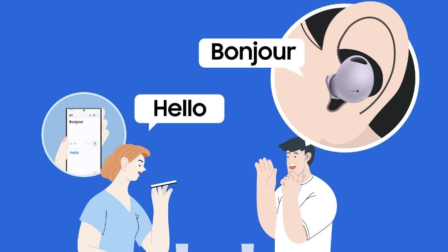 Samsung Galaxy Buds 2 Pro in a box-out, with two animated people conversing using Live Translate, on blue background